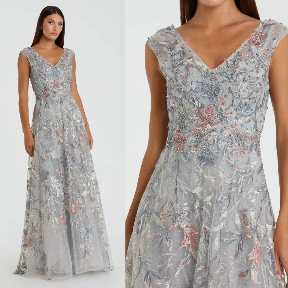 Mac Duggal NEW Gray‎ Embroidered Illusion Cap Sleeve A Line Gown $598 - Size 8